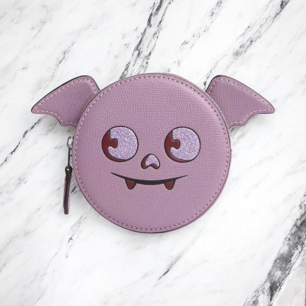 Coach Coin Case With Halloween Bat Jasmine Purple Leather CW465